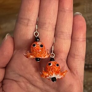 New Adorable Orange & White Lamp Work Glass Octopus Earrings